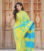 Yellow And Sky Blue Colored Handblock Printed WIth Pompom Border Cotton Saree Along With Blouse