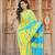 Yellow And Sky Blue Colored Handblock Printed WIth Pompom Border Cotton Saree Along With Blouse