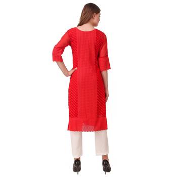 SWAGG INDIA Women's Wear Red Lucknow Chikan Needlecraft Faux Georgette Regular Wear Kurti Kurta 2