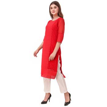 SWAGG INDIA Women's Wear Red Lucknow Chikan Needlecraft Faux Georgette Regular Wear Kurti Kurta 3