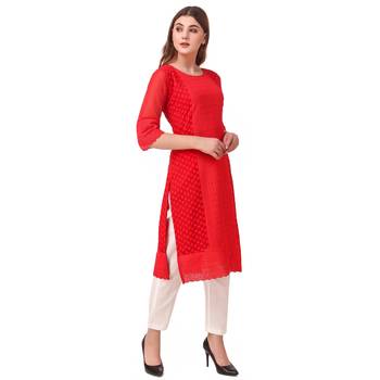 SWAGG INDIA Women's Wear Red Lucknow Chikan Needlecraft Faux Georgette Regular Wear Kurti Kurta 4