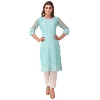 SWAGG INDIA Women's Wear Sky Blue Lucknow Chikan Needlecraft Faux Georgette Regular Wear Kurti Kurta 1