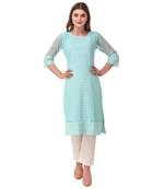 SWAGG INDIA Women's Wear Sky Blue Lucknow Chikan Needlecraft Faux Georgette Regular Wear Kurti Kurta