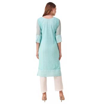 SWAGG INDIA Women's Wear Sky Blue Lucknow Chikan Needlecraft Faux Georgette Regular Wear Kurti Kurta 2