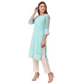 SWAGG INDIA Women's Wear Sky Blue Lucknow Chikan Needlecraft Faux Georgette Regular Wear Kurti Kurta 3