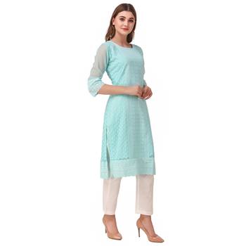SWAGG INDIA Women's Wear Sky Blue Lucknow Chikan Needlecraft Faux Georgette Regular Wear Kurti Kurta 4