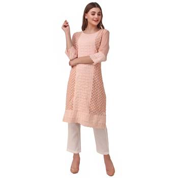 SWAGG INDIA Women's Wear Light Peach Lucknow Chikan Needlecraft Faux Georgette Regular Wear Kurti Kurta 1