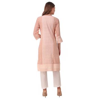 SWAGG INDIA Women's Wear Light Peach Lucknow Chikan Needlecraft Faux Georgette Regular Wear Kurti Kurta 2