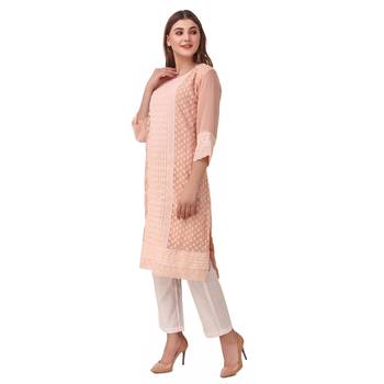 SWAGG INDIA Women's Wear Light Peach Lucknow Chikan Needlecraft Faux Georgette Regular Wear Kurti Kurta 3