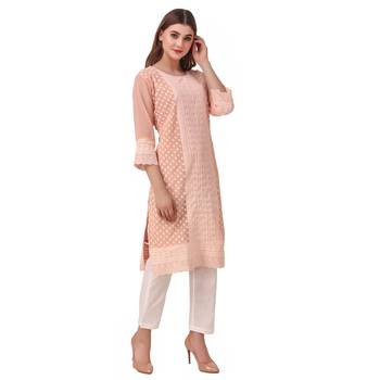 SWAGG INDIA Women's Wear Light Peach Lucknow Chikan Needlecraft Faux Georgette Regular Wear Kurti Kurta 4