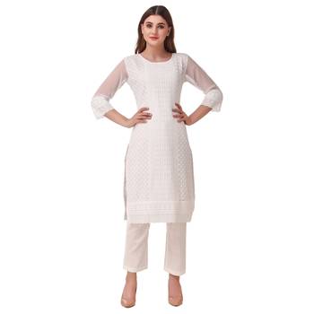 SWAGG INDIA Women's Wear White Lucknow Chikan Needlecraft Faux Georgette Regular Wear Kurti Kurta 1