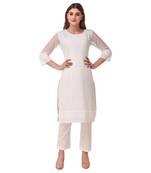 SWAGG INDIA Women's Wear White Lucknow Chikan Needlecraft Faux Georgette Regular Wear Kurti Kurta