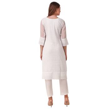 SWAGG INDIA Women's Wear White Lucknow Chikan Needlecraft Faux Georgette Regular Wear Kurti Kurta 2