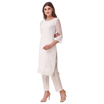 SWAGG INDIA Women's Wear White Lucknow Chikan Needlecraft Faux Georgette Regular Wear Kurti Kurta 3