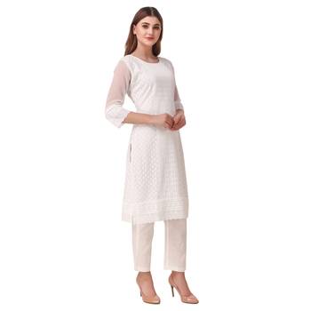 SWAGG INDIA Women's Wear White Lucknow Chikan Needlecraft Faux Georgette Regular Wear Kurti Kurta 4