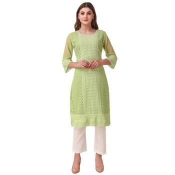 SWAGG INDIA Women's Wear Parrot Green Lucknow Chikan Needlecraft Faux Georgette Regular Wear Kurti Kurta 1