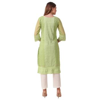 SWAGG INDIA Women's Wear Parrot Green Lucknow Chikan Needlecraft Faux Georgette Regular Wear Kurti Kurta 2