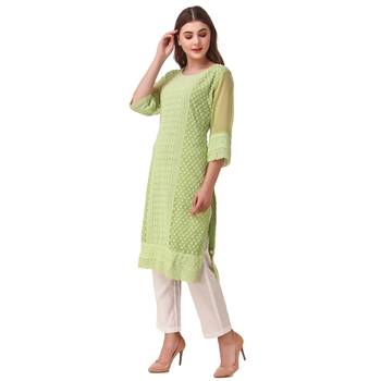 SWAGG INDIA Women's Wear Parrot Green Lucknow Chikan Needlecraft Faux Georgette Regular Wear Kurti Kurta 3