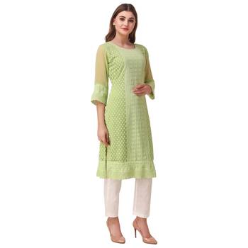 SWAGG INDIA Women's Wear Parrot Green Lucknow Chikan Needlecraft Faux Georgette Regular Wear Kurti Kurta 4