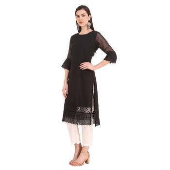 SWAGG INDIA Women's Wear Black Lucknow Chikan Needlecraft Faux Georgette Regular Wear Kurti Kurta 3