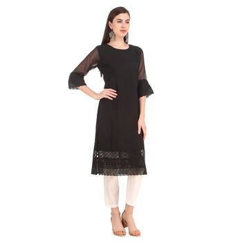 SWAGG INDIA Women's Wear Black Lucknow Chikan Needlecraft Faux Georgette Regular Wear Kurti Kurta 4
