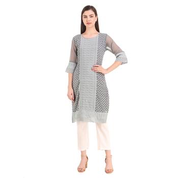 SWAGG INDIA Women's Wear Grey Lucknow Chikan Needlecraft Faux Georgette Regular Wear Kurti Kurta 1