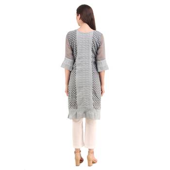 SWAGG INDIA Women's Wear Grey Lucknow Chikan Needlecraft Faux Georgette Regular Wear Kurti Kurta 2