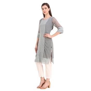 SWAGG INDIA Women's Wear Grey Lucknow Chikan Needlecraft Faux Georgette Regular Wear Kurti Kurta 3