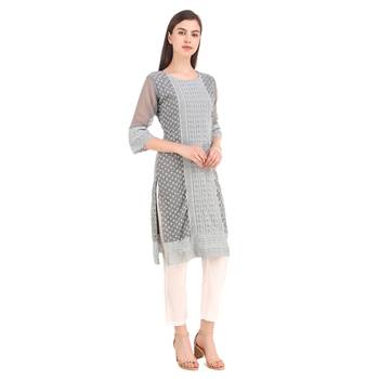 SWAGG INDIA Women's Wear Grey Lucknow Chikan Needlecraft Faux Georgette Regular Wear Kurti Kurta 4