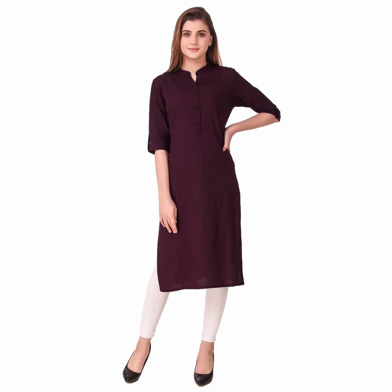 SWAGG INDIA Women's Wear Plain Cotton Kurti with Fold Up Sleeve