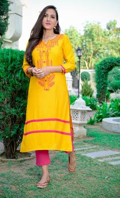 Mustard Printed Rayon Straight Kurti 1