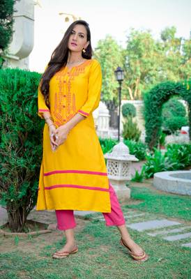 Mustard Printed Rayon Straight Kurti 2