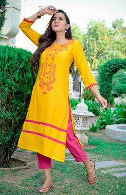 Mustard Printed Rayon Straight Kurti 3