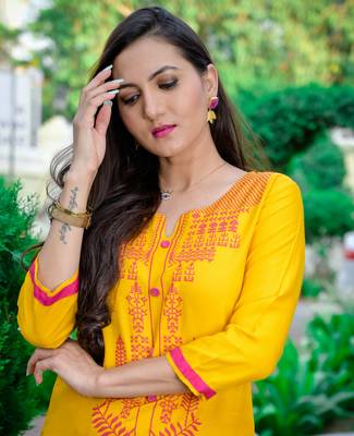 Mustard Printed Rayon Straight Kurti 4