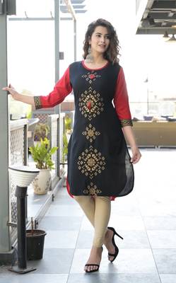 Black Gold Prined Rayon High-low Kurti 1