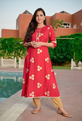 Red Gold Printed Rayon A-line Kurti 1