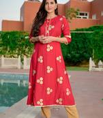 Red Gold Printed Rayon A-line Kurti