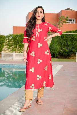 Red Gold Printed Rayon A-line Kurti 2