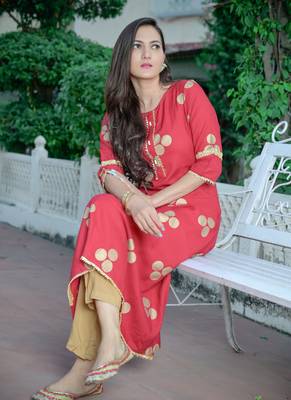 Red Gold Printed Rayon A-line Kurti 3