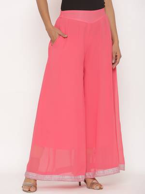 Juniper Coral Georgette Solid Flared Palazzo 4