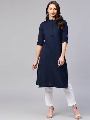 Navy blue plain 	cotton silk ethnic-kurtis 1