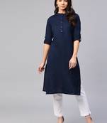 Navy blue plain 	cotton silk ethnic-kurtis