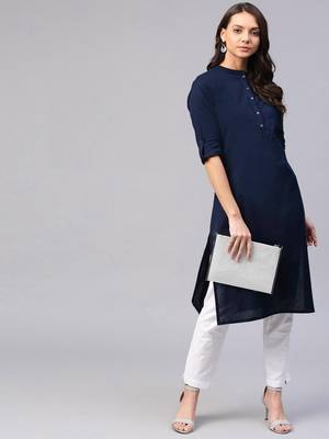 Navy blue plain 	cotton silk ethnic-kurtis 2
