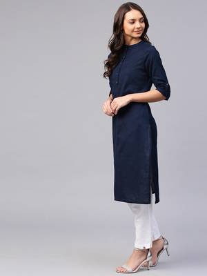 Navy blue plain 	cotton silk ethnic-kurtis 3