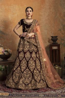 Maroon embroidered velvet semi stitched lehenga 1