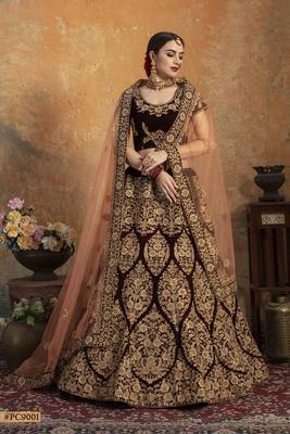 Maroon embroidered velvet semi stitched lehenga 2