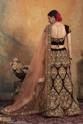 Maroon embroidered velvet semi stitched lehenga 4