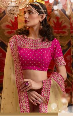 Beige embroidered silk semi stitched lehenga 2