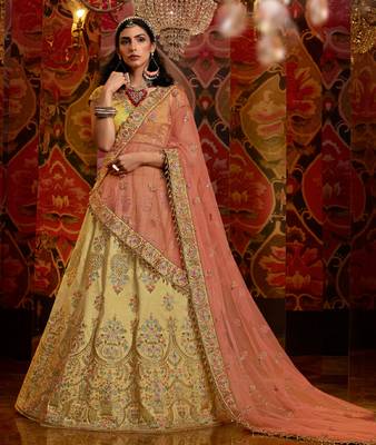 Gold embroidered silk semi stitched lehenga 1