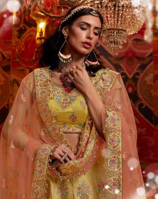 Gold embroidered silk semi stitched lehenga 2